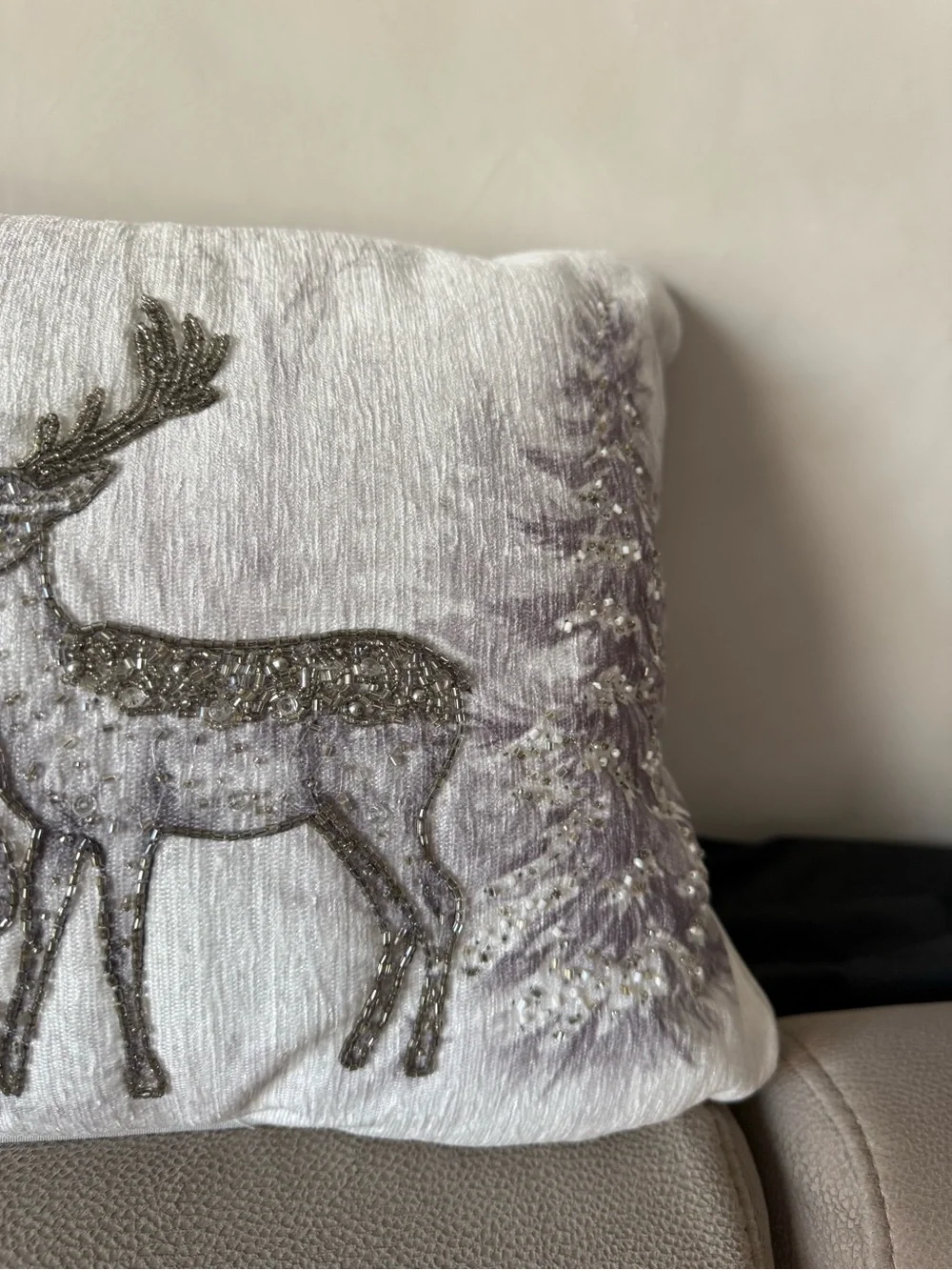 Holiday Deer Decorative Hand made Pillow India- White and Gray